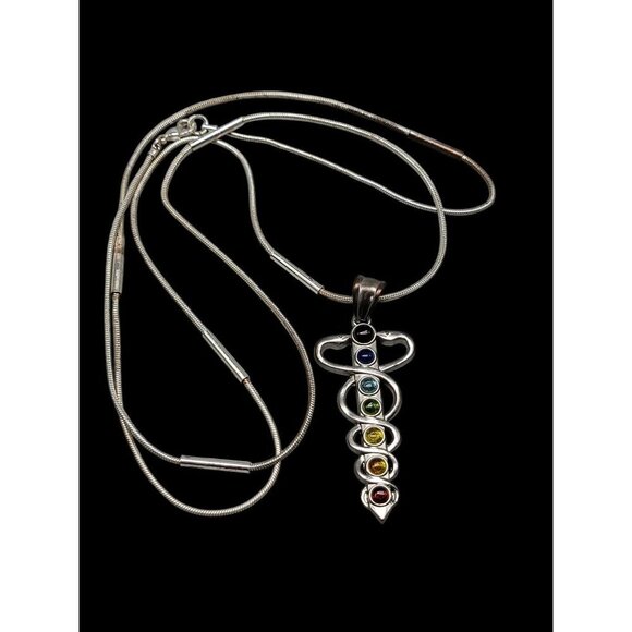 Chakra Healing Caduceus Pendant Necklace Faux Gemstones 35" Chain Silver Tone - Picture 10 of 16